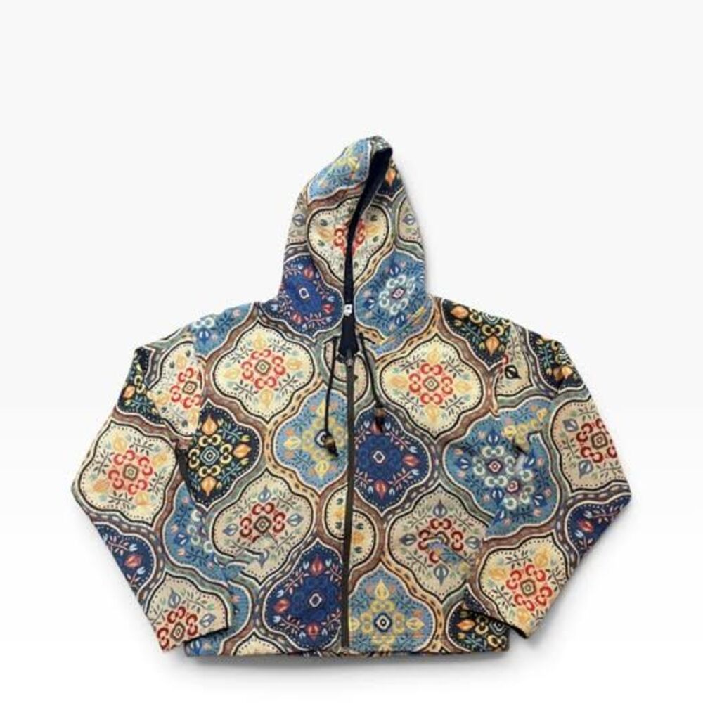 Vintage Tapestry Woven Jacket Hooded Zip Up Boho Floral Vintage Style- Medium